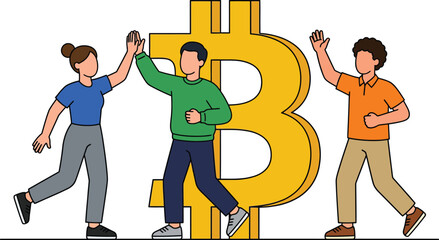 Letter B Character Illustration with Three People Celebrating in Front of a Bold Yellow B © MD
