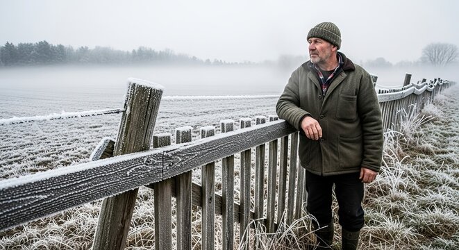Elderly Farmer Standing by a Frosty Wooden Fence in a Winter Field.