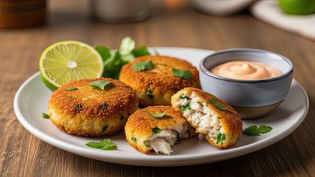Delicious Salmon Patties with a Creamy Dipping Sauce and Lime.