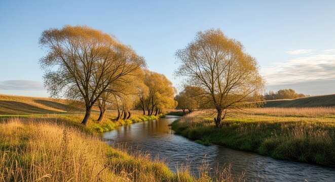 Golden Autumn Landscape with Winding River and Trees.