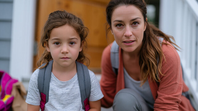 Third-grader sitting on the bottom stair inside a front door that is still closed and locked, backpack on, lunch bag at her feet, shoulders tight as her mother crouches beside her with a calm expres