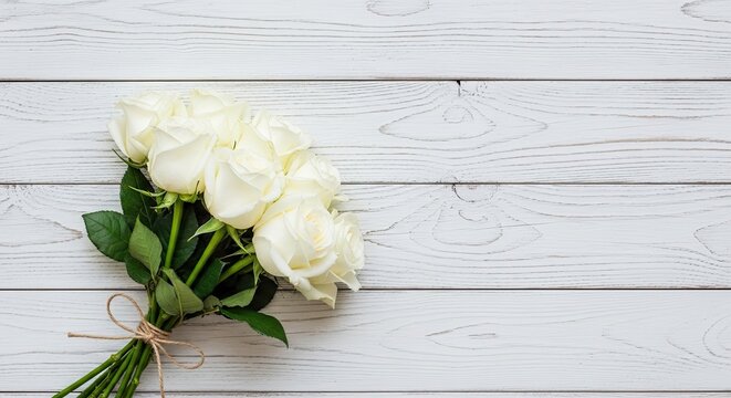 A Beautiful Bouquet of White Roses Tied with Twine on a White Wooden Surface.