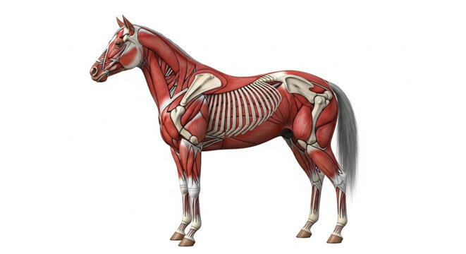 Detailed anatomical illustration of a horse showing muscles bones and internal organs in natural colors for educational and veterinary use