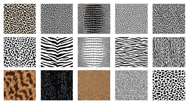 Comprehensive collection of various animal skin patterns including leopard, tiger, zebra, and reptile textures in a diverse grid.