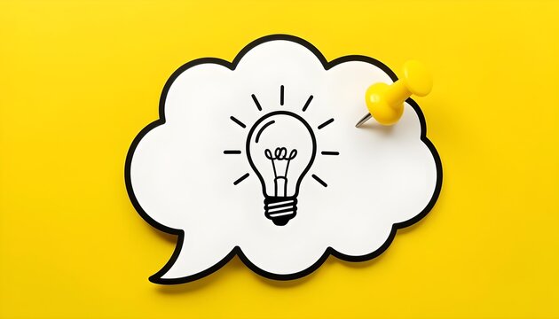 Bright idea concept represented by a lightbulb inside a speech bubble pinned on yellow