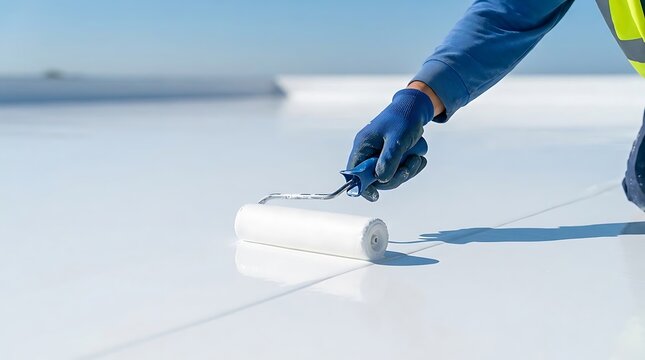 A worker wearing blue gloves and a visibility vest using a paint roller to apply white reflective coating on a flat industrial roof surface area