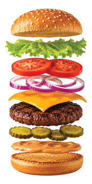 Deconstructed Cheeseburger Ingredients Floating Isolated on White