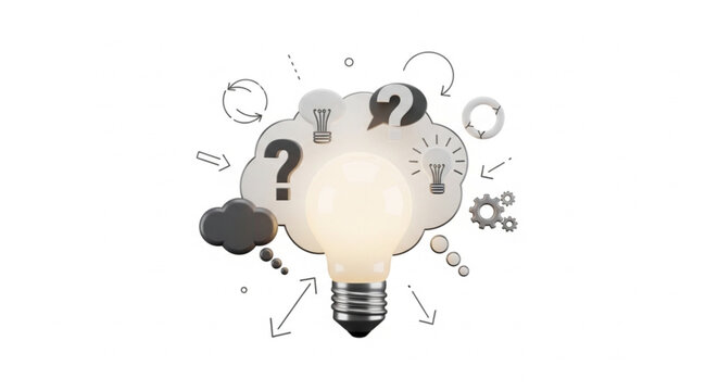 Bright light bulb surrounded by question marks and icons representing ideas and creativity