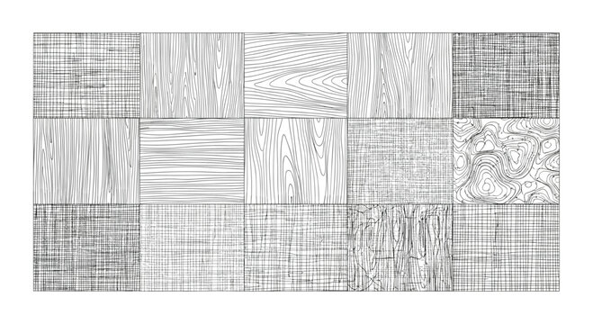 Collection of fifteen black and white hand drawn texture swatches including wood grain crosshatch and topographic patterns for design.