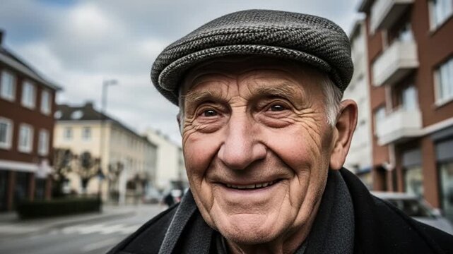 Closeup portrait of an elderly man wearing a flat cap on a city street
