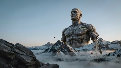 Fototapeta premium Massive Stone Statue of a Warrior Emerges from Mountain Landscape with Snow and Clouds
