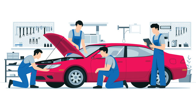 Automotive technicians using digital tablet for diagnostic inspection of red car while kneeling in workshop with wall-mounted tool pegboards.