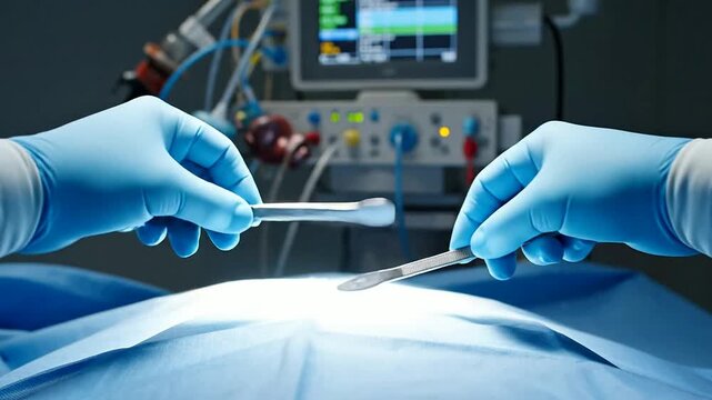 First-Person View of Surgeon?s Gloved Hands Holding Scalpel and Forceps in Surgical Procedure with Medical Equipment in Background