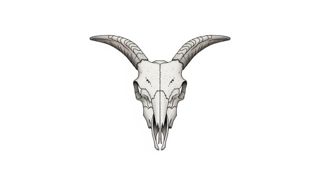 A detailed illustration of a goat skull with curved horns and intricate bone textures in monochrome style
