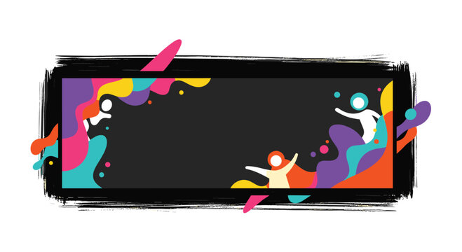 Artistic frame with a dark gray rectangular center surrounded by vibrant abstract shapes and silhouettes of joyful people dancing or jumping.