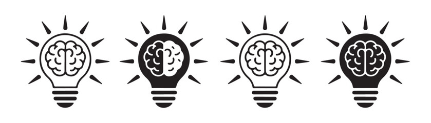 Four light bulb icons with brain designs representing cognitive function intelligence and creative thought. © MSTGIRATUN