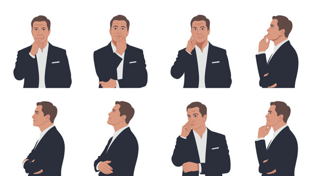 Professional man in dark suit displays various thoughtful facial expressions and hand gestures in multiple angles for business presentation needs.
