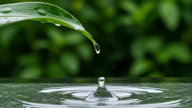 A single water droplet falling from a vibrant green leaf into a calm pool of water, creating ripples and splashes in a serene natural setting