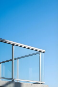 Modern glass balcony railing against a clear blue sky background