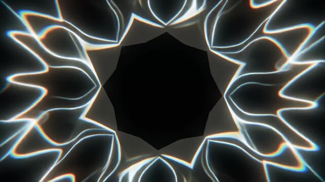 Abstract kaleidoscopic pattern of light refractions and reflections forming a symmetrical geometric design with rainbow color fringes