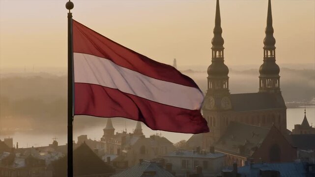 Latvian Flag Waving in the Wind with a Cityscape of Riga and Twin Spires at Sunrise image photo