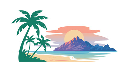 Obraz premium Vibrant sunset over a tropical island beach with palm tree silhouettes, rugged mountain peaks, and calm ocean waves creating a peaceful and serene vacation atmosphere.