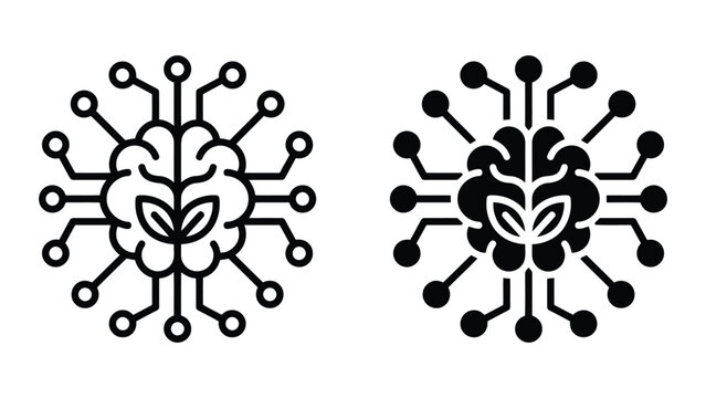 Artificial intelligence brain with radial circuit nodes and leaf symbol icon set representing connected green computing and sustainable network infrastructure in minimalist vector graphic styles