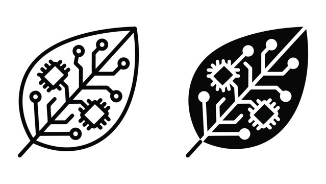 Leaf with integrated circuit board patterns and microchip nodes icon set representing sustainable technology and green electronics design in minimalist vector graphic styles