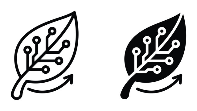 Leaf icon with circuit board patterns and circular arrow symbol set representing sustainable recycling of electronics and circular economy tech in minimalist vector graphic styles