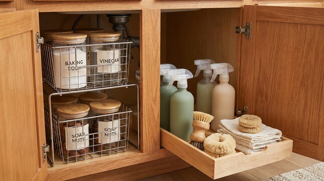 Organized Under Sink Kitchen Cabinet Storage Featuring Pull Out Shelves and Metal Wire Baskets for Eco Friendly Cleaning Supplies