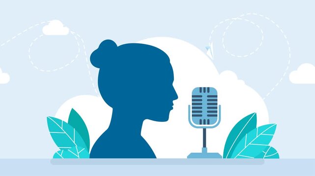 Customer service agent. Female support operator silhouette. Girl silhouette with microphone. Broadcast, broadcasting. Silhouette of woman singer singing to microphone. Side view. 2d flat animation