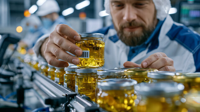 Canned goods quality technician pulls a random sample jar from a fast-moving food production line in a noisy processing facility, reading the label barcode against a verification scanner while super