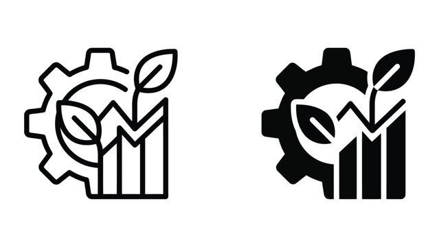 Industrial gear cog with rising bar chart and sprouting plant icon set representing sustainable production growth and green manufacturing analytics in minimalist black and white vector graphics