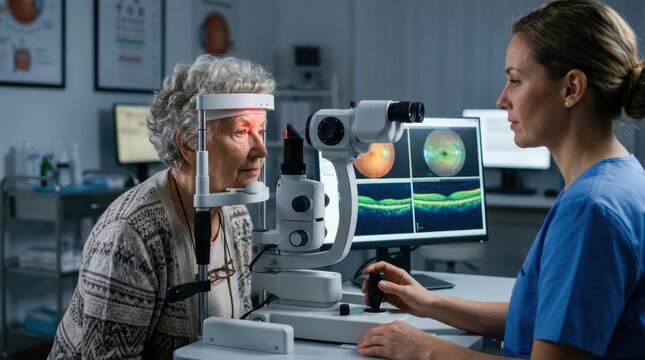 An elderly female patient undergoes an optical coherence tomography scan in an eye clinic. The scene highlights advanced retinal imaging used for monitoring macular degeneration and overall eye health
