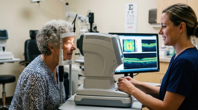 An elderly female patient undergoes an optical coherence tomography scan in an eye clinic. The scene highlights advanced retinal imaging used for monitoring macular degeneration and overall eye health