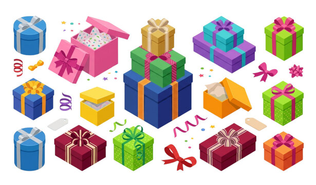 Isometric Gift Boxes Collection Colorful Present Packages with Ribbons and Decorative Bows Vector Set
