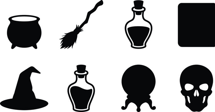 Halloween witch silhouettes set featuring magic potion bottles cauldron broomstick wizard hat crystal ball and spooky skull design elements