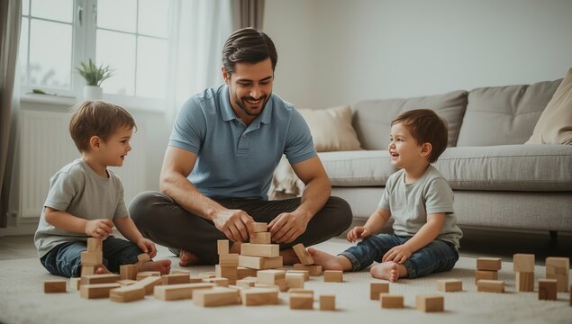 Father and two little sons sitting on living room carpet floor playing with wooden toy building blocks during quiet morning time. Father's Day 