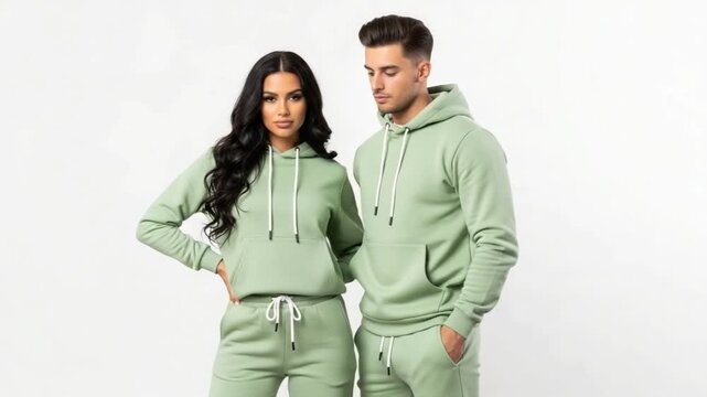 A man and a woman wearing matching sage green hoodies and sweatpants isolated on white background