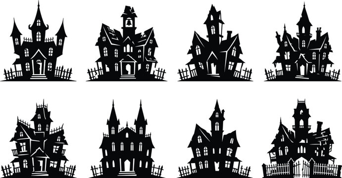 Spooky Halloween haunted house silhouettes collection featuring creepy crooked mansions and gothic castles for festive graphic design elements