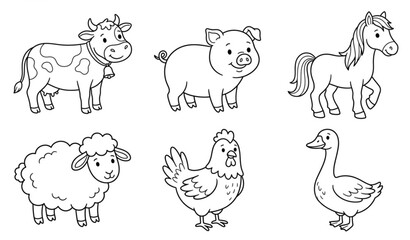 Farm animal line art coloring page with cow pig horse sheep chicken and goose © MstLima