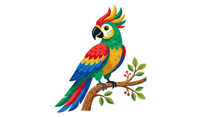 Green and red tropical parrot with crest on perch flat vector illustration © MstLima