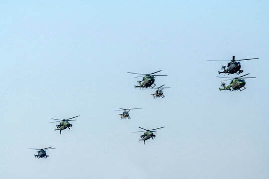 Rudra attack helicopters belonging to the Indian Army Aviation Corps flying in formation.