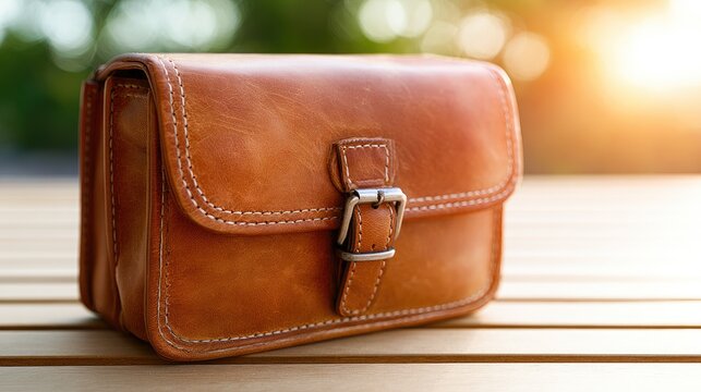 A vintage-style brown leather pouch rests on a wooden surface with soft bokeh