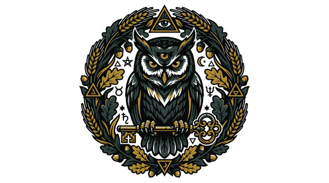 Owl themed emblem badge with circular laurel design.