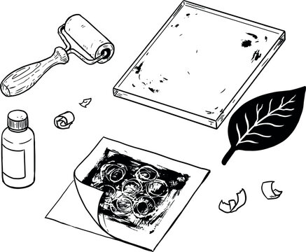 Botanical Gel Plate Monoprinting Art Craft Line Art Vector Icon Set Featuring Ink Roller Gelatin Plate Natural Leaf Print and Medium Bottle