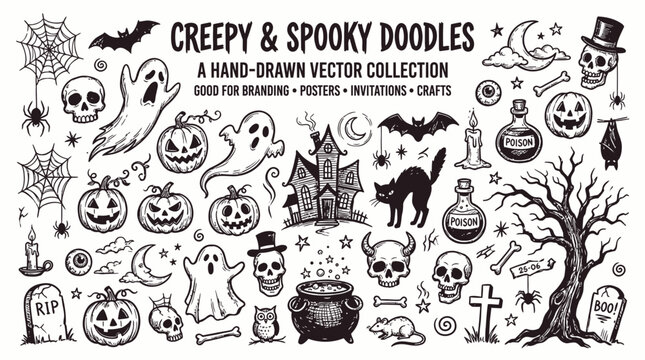 Creepy and spooky halloween doodles handdrawn vector collection