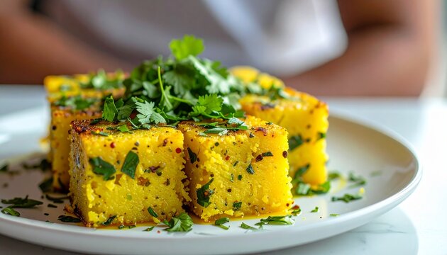 A plate of freshly prepared yellow dhokla garnished with herbs.