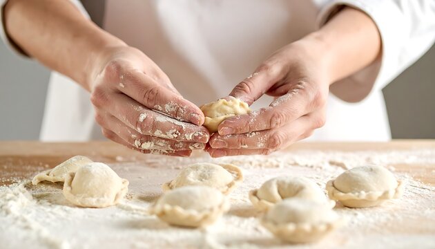 Hands making dumplings on floured surface.