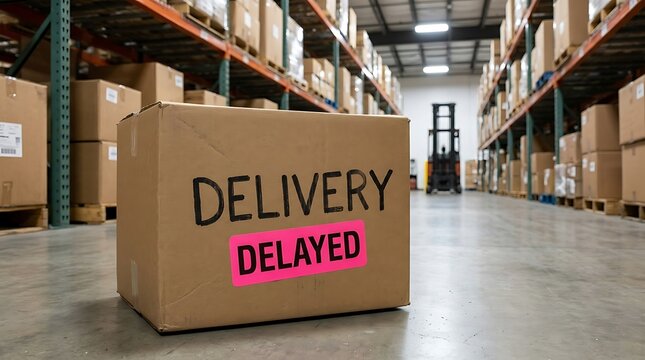 Cardboard shipping box with a delivery delayed label sitting on a warehouse floor with shelves and a forklift in the background, for logistics